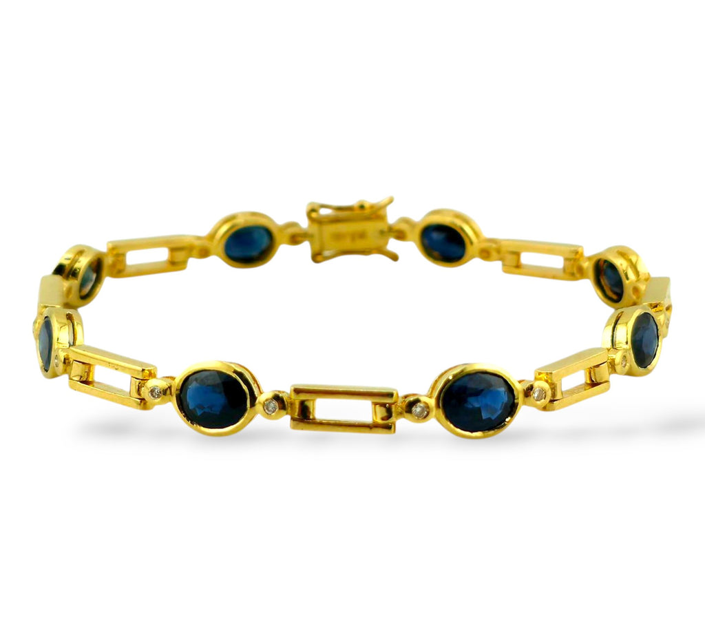 18K Yellow Gold Bracelet with Oval Sapphires and Round Diamonds