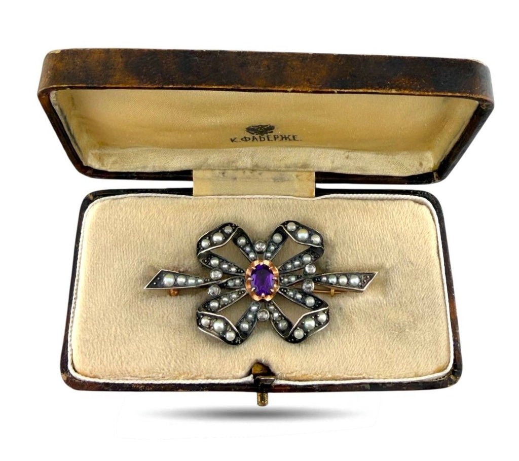 K. Faberge 56K Rose Gold Amethyst and Diamond Brooch