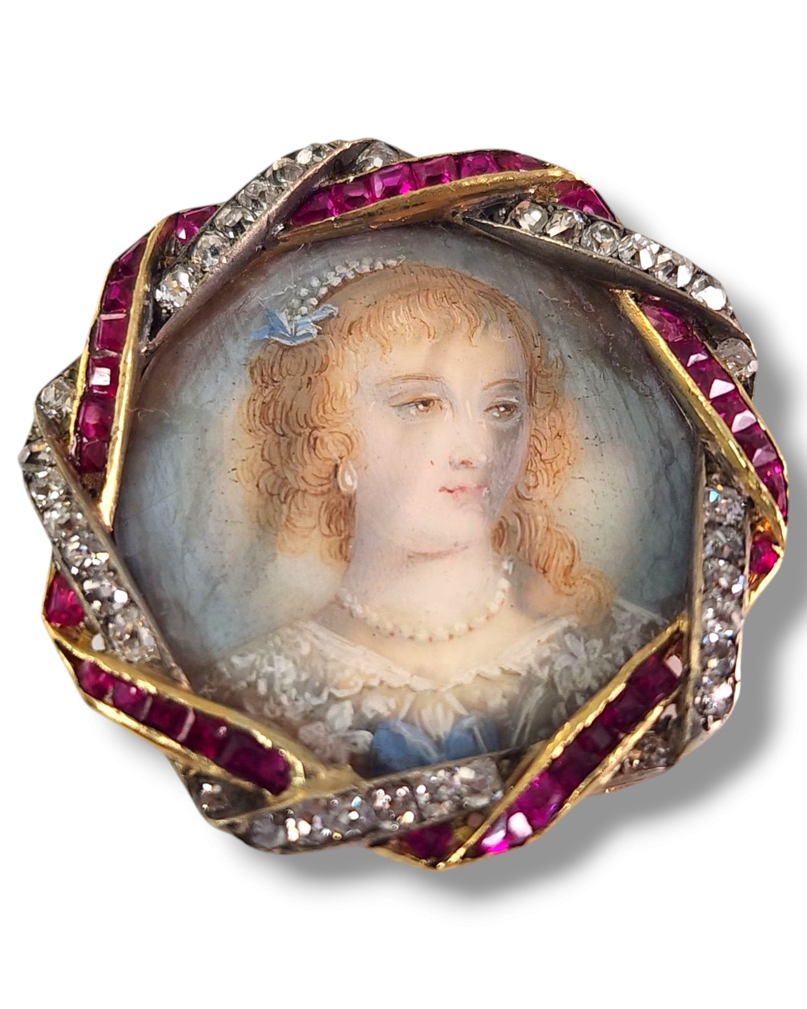 Brooch - 18 kt. 18K Yellow Gold Brooch with Diamonds & Rubies, Yellow gold