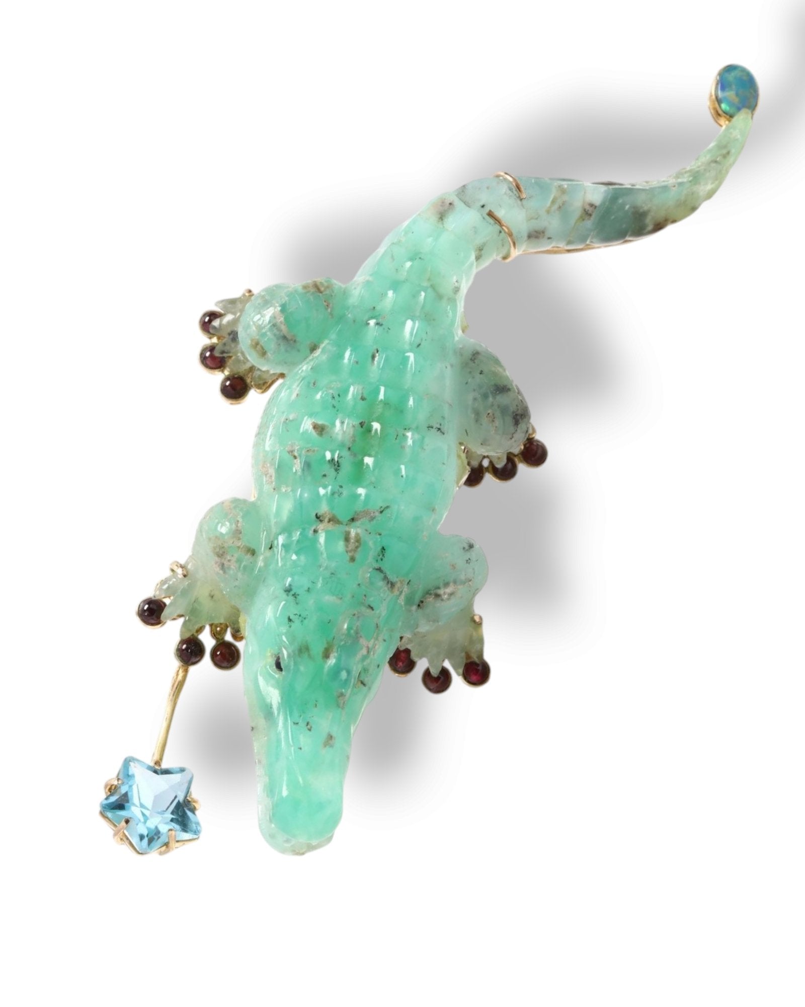 14K Yellow Gold and Jade Crocodile Brooch with Opal Rubies and Blue Topaz