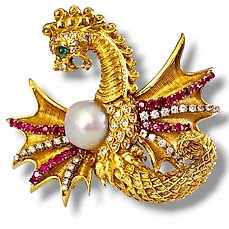 Brooch - 18 kt. Yellow gold, Gorgeous 18k Gold Diamond Sapphire Dragon large Brooch Pin
