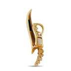 Yellow gold clip-on earrings, back view with hinged clasp and dangling round diamonds.