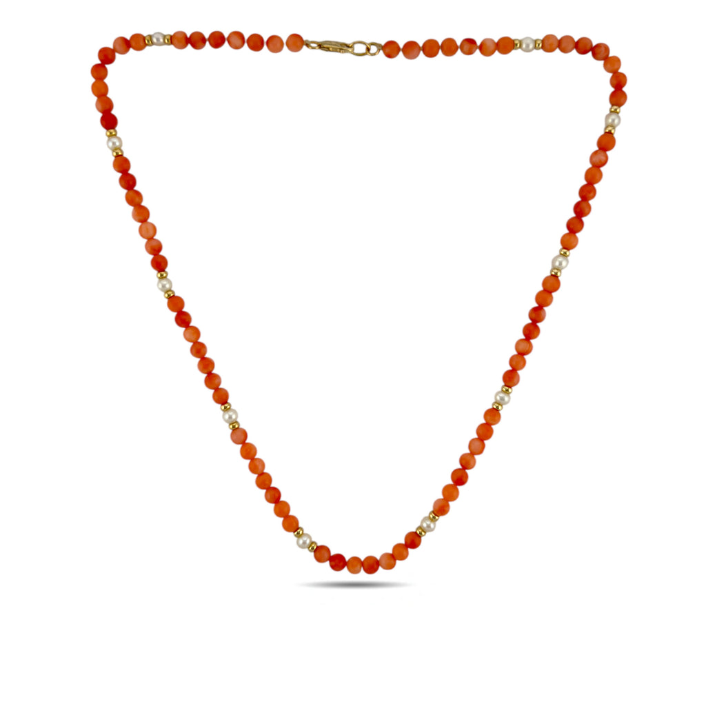 14K Yellow Gold Coral and Opal Beaded Necklace