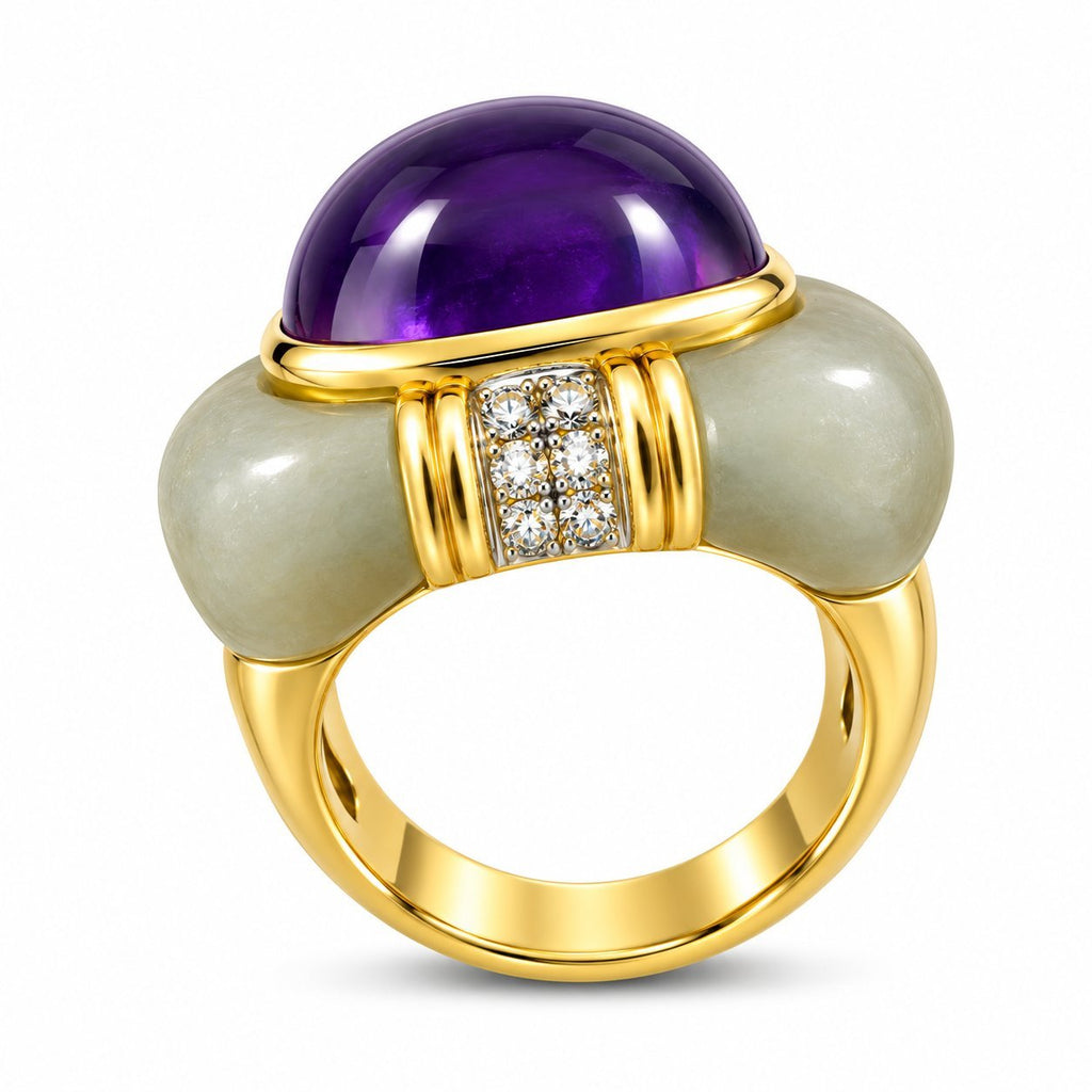 Yellow gold ring with purple amethyst cabochon, diamond cluster, green oval shoulders