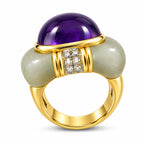 Yellow gold ring with purple amethyst cabochon, diamond cluster, green oval shoulders