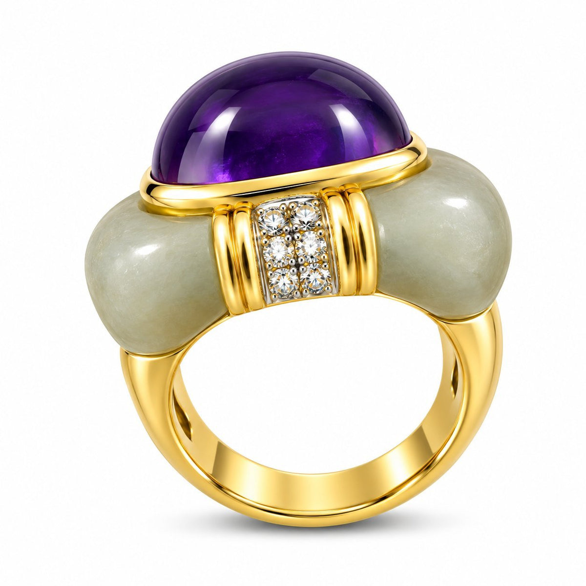 Yellow gold ring with purple amethyst cabochon, diamond cluster, green oval shoulders