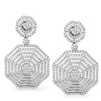Pair of octagon drop diamond earrings with concentric striped halos and round centers