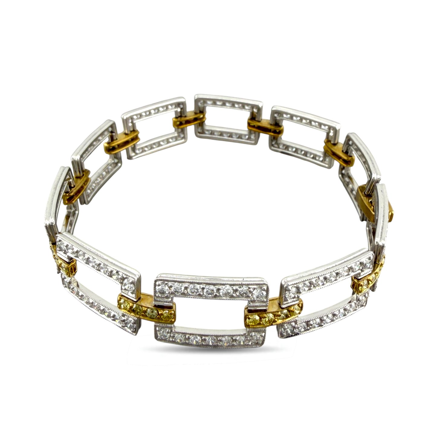 18K Yellow Gold and Platinum 5.54ct Diamond and 1.08ct Yellow Sapphire Link Bracelet