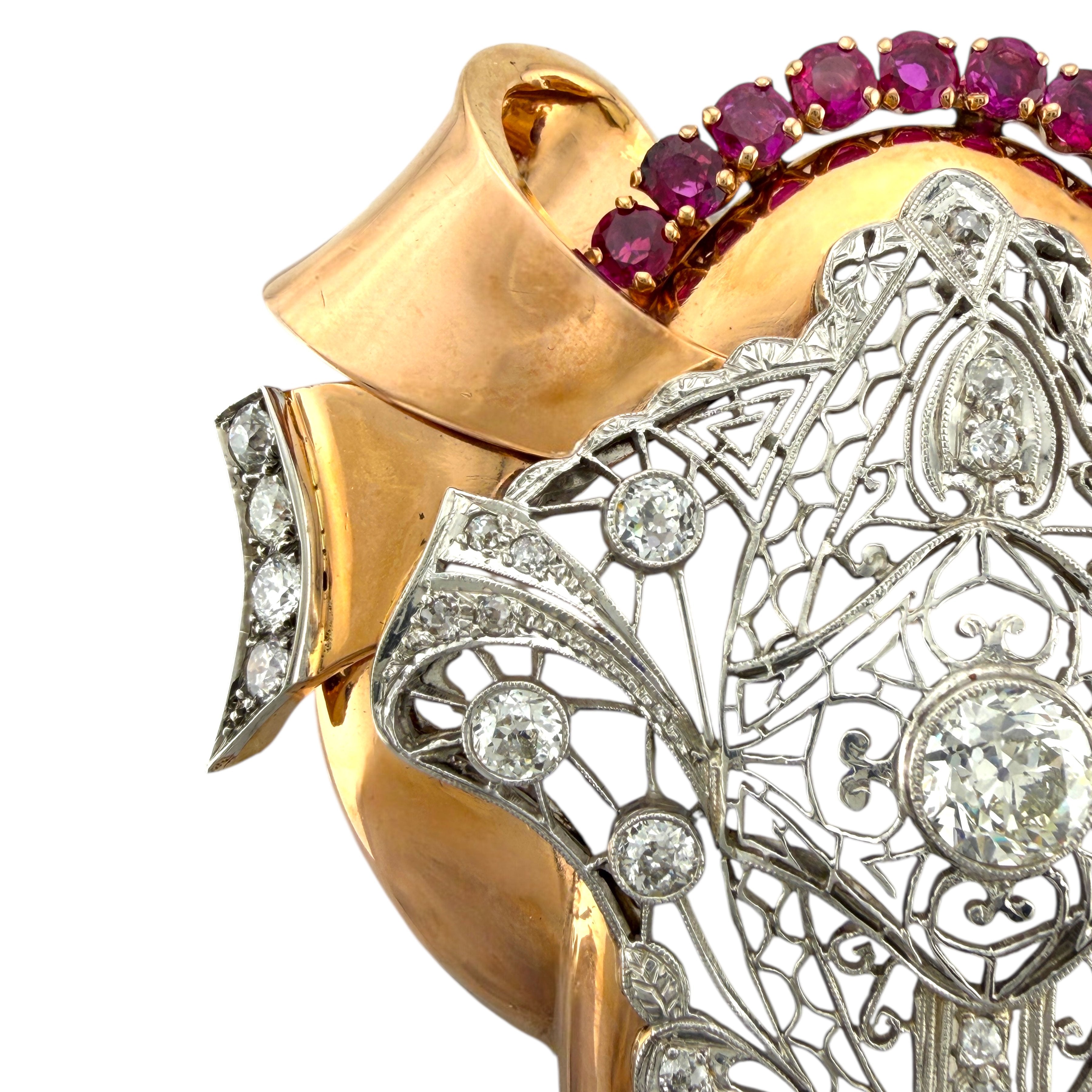 Brooch - 14 kt. Exclusive Art Deco 14K Rose Gold 3.10 Carats Diamond & 1.60 Carat Ruby Brooch and Pendant, Rose gold -  4.10ct. tw. Diamond (Natural)  - Ruby