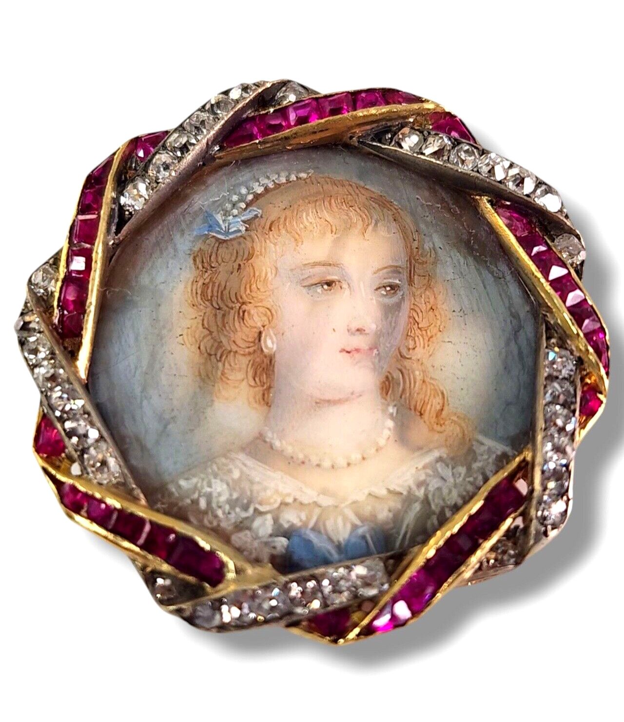 Brooch - 18 kt. 18K Yellow Gold Brooch with Diamonds & Rubies, Yellow gold