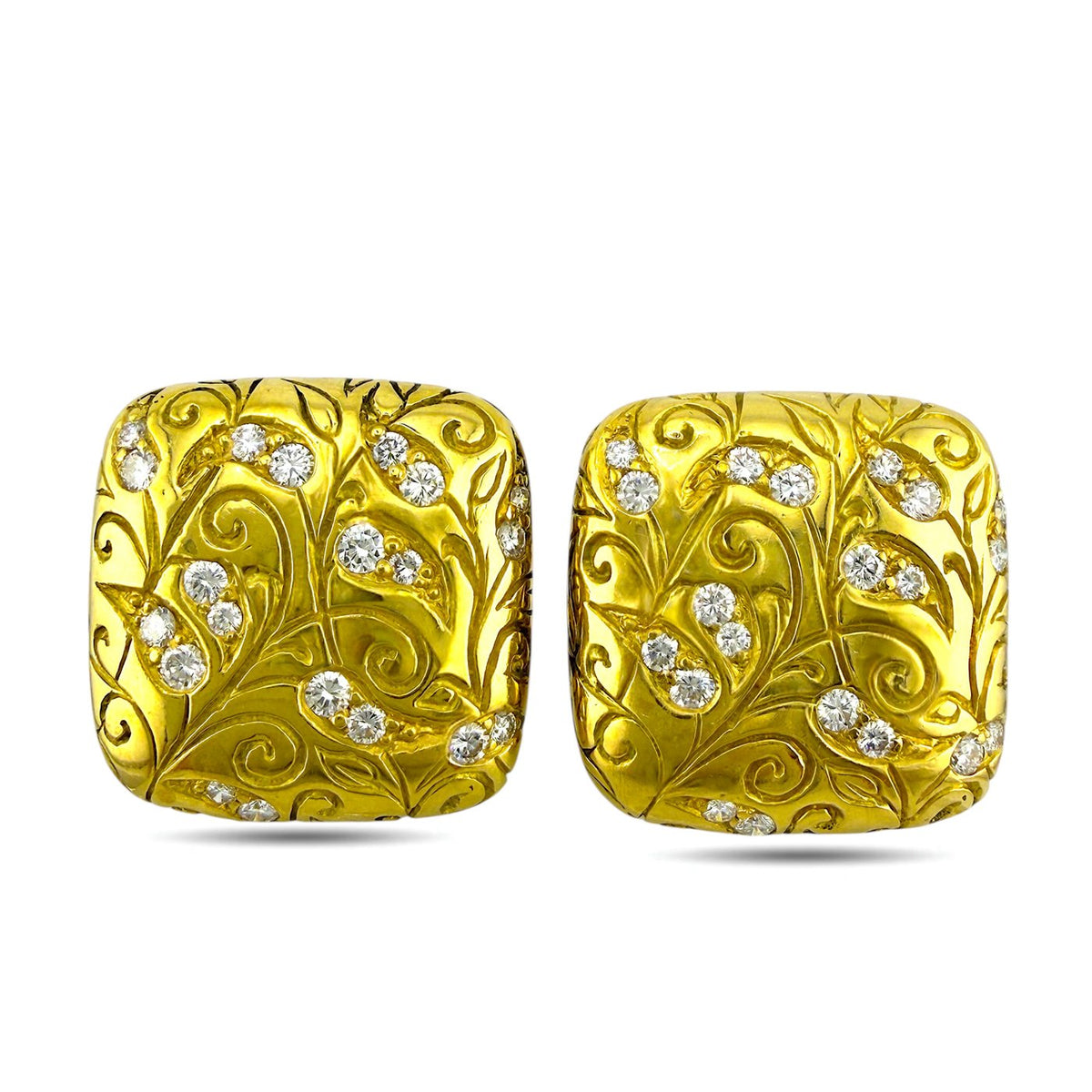 Front view of yellow gold square stud earrings with swirl engraving and diamond cluster