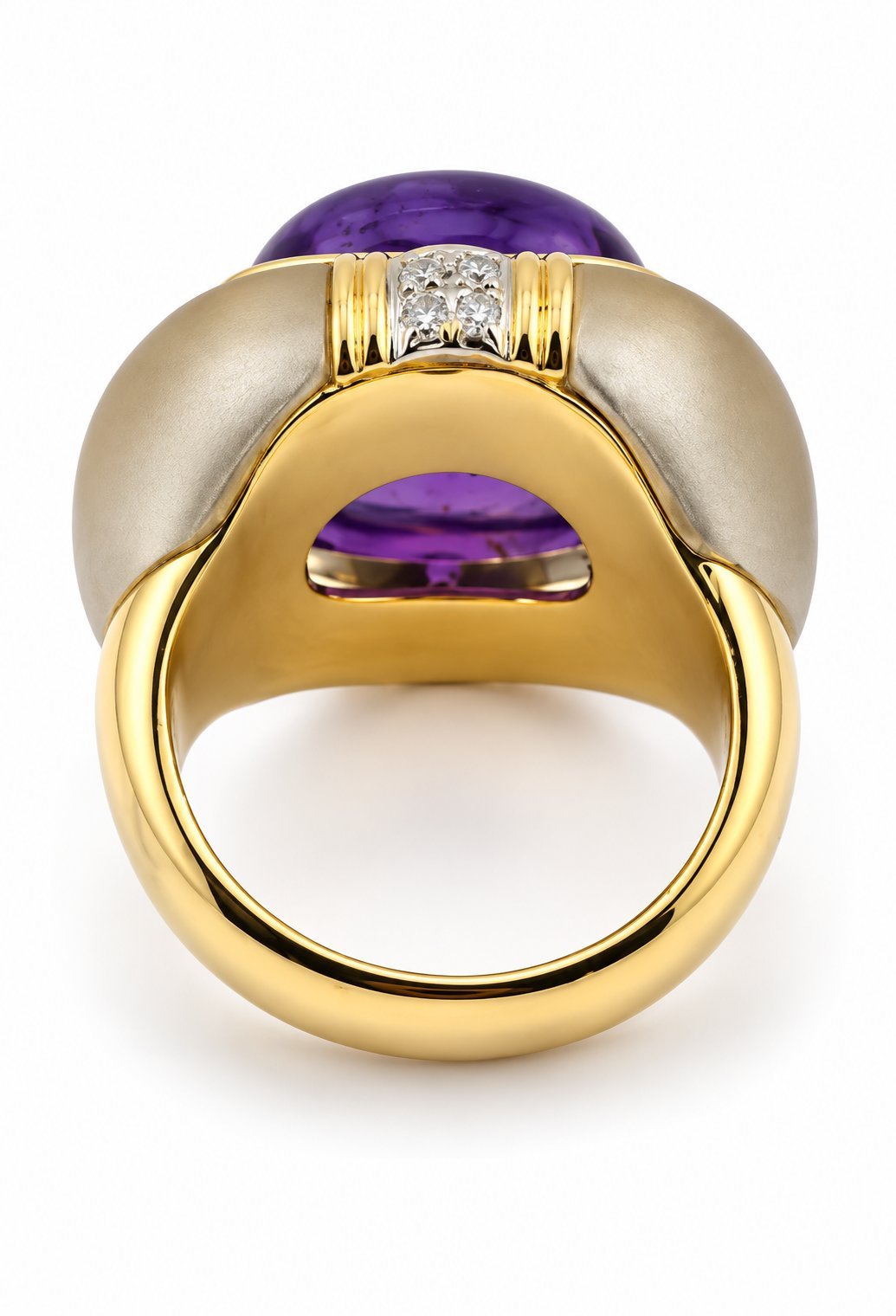 Yellow gold ring with oval amethyst center and small diamond bezel on top