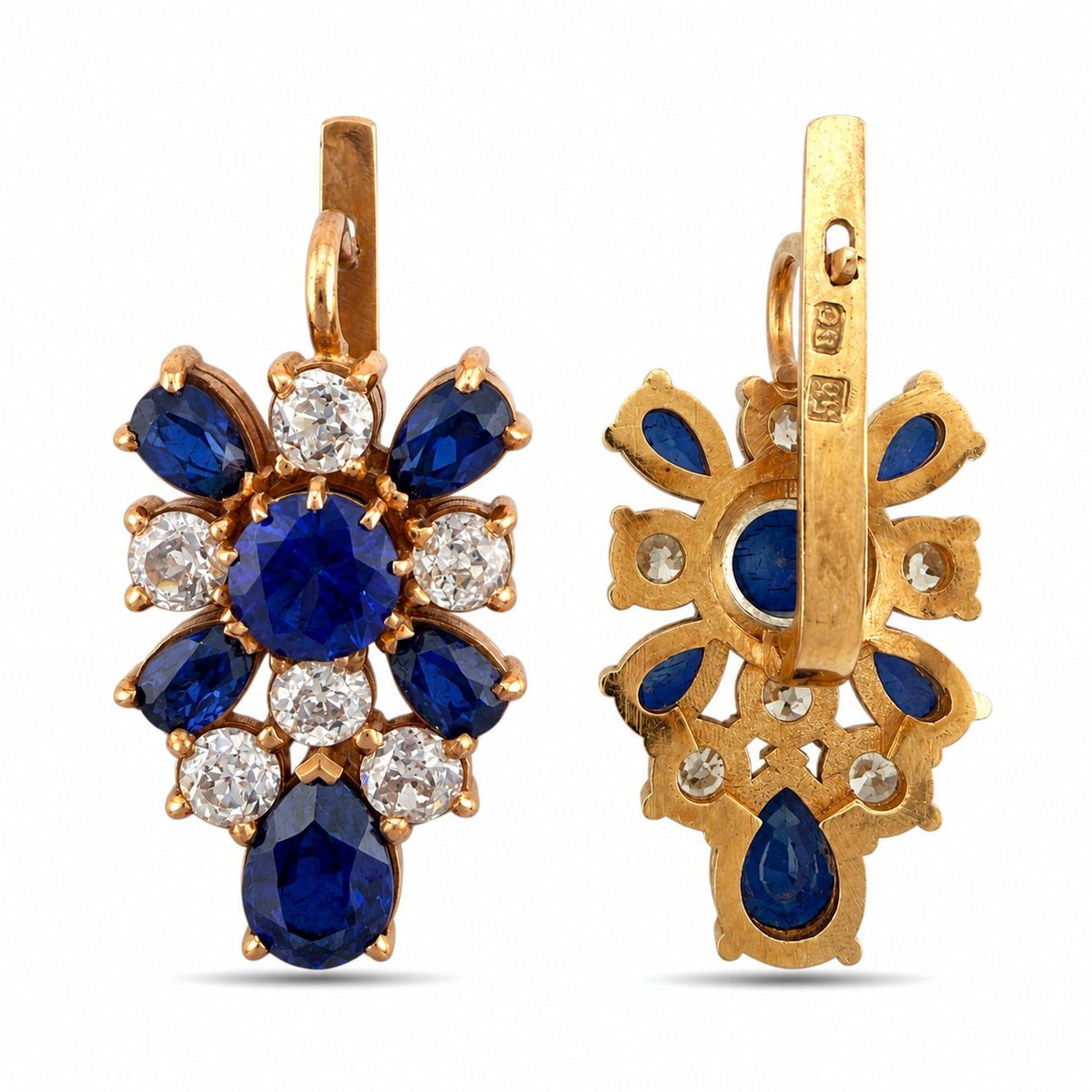 K. Faberge rose gold sapphire flower earrings with diamond accents and lever backs