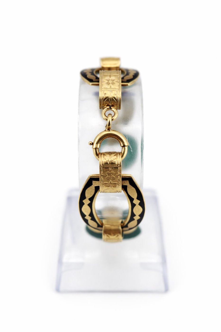 Antique Art Deco Carved Undyed Green Onyx and Black Enamel 14K Gold Bracelet