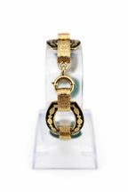 Antique Art Deco Carved Undyed Green Onyx and Black Enamel 14K Gold Bracelet
