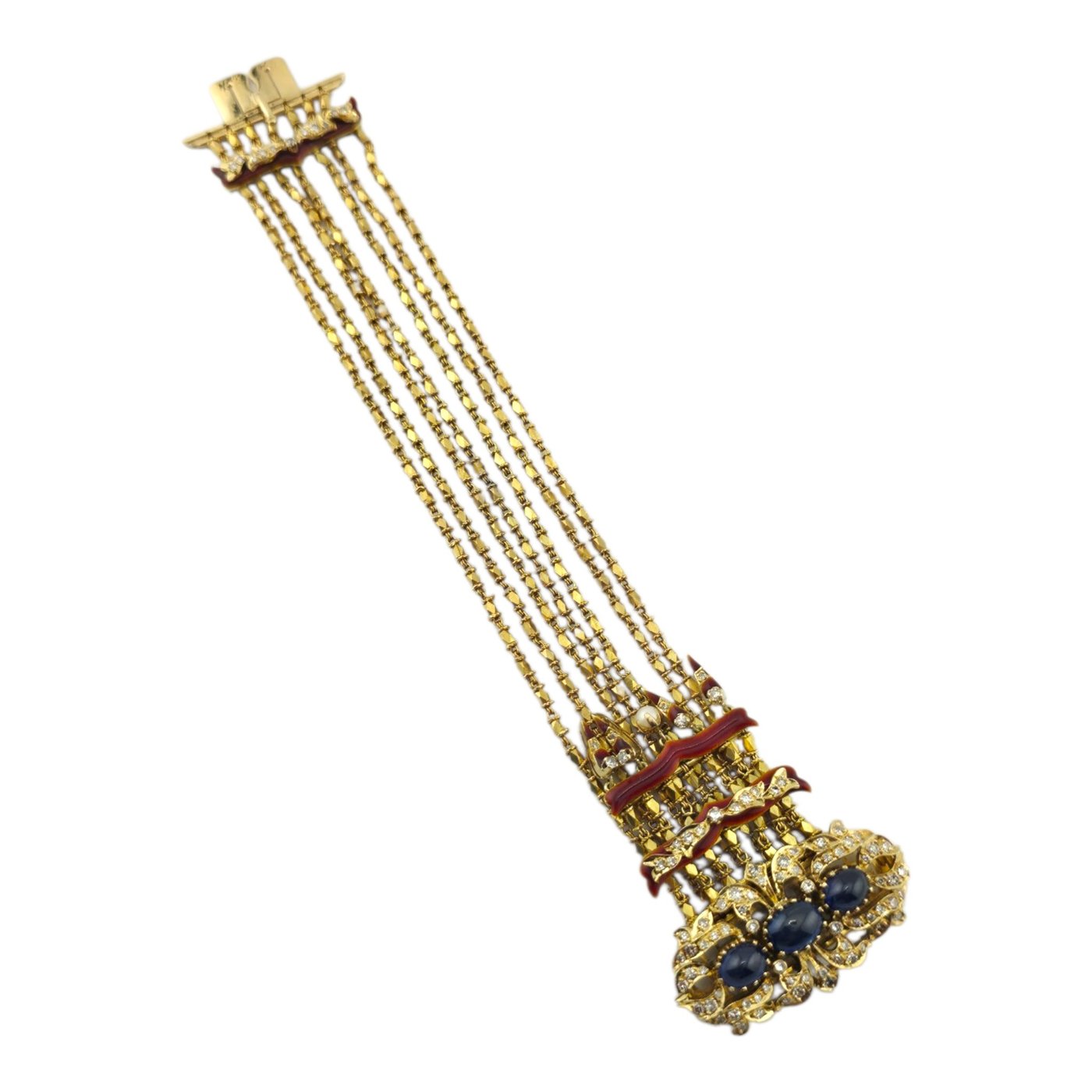 Antique 18K Yellow Gold Red Enamel 4.00ct Sapphire and 2.50ct Diamond Bracelet
