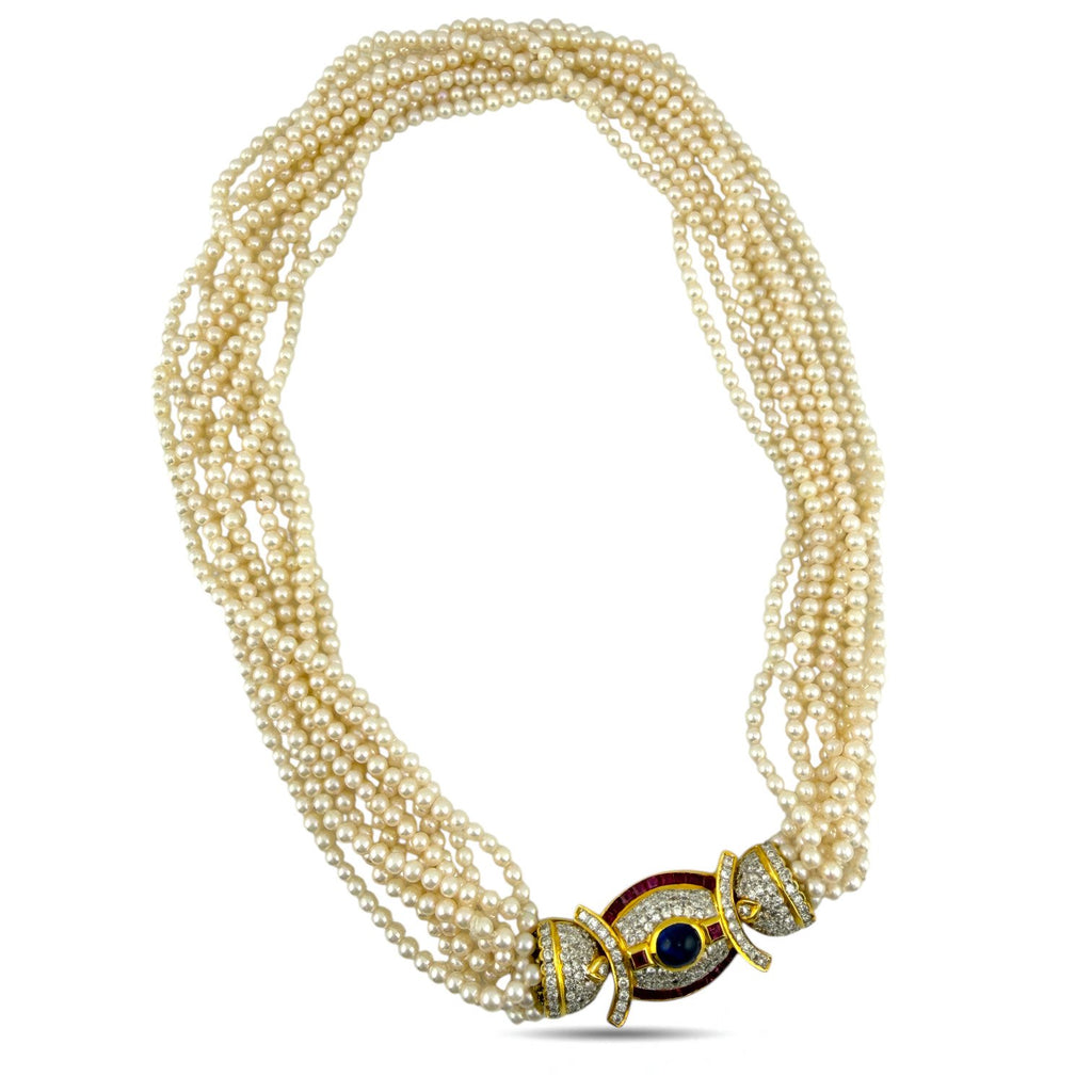 18K Yellow Gold Pearl 9.6ct Diamond, 2.4ct Rubies, and 2.5ct Cabochon Sapphire Necklace