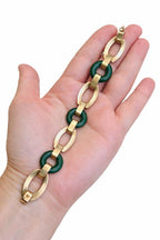 Antique Art Deco Carved Undyed Green Onyx and Black Enamel 14K Gold Bracelet