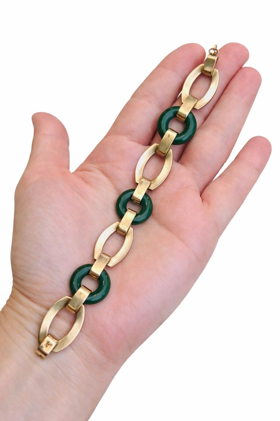 Antique Art Deco Carved Undyed Green Onyx and Black Enamel 14K Gold Bracelet