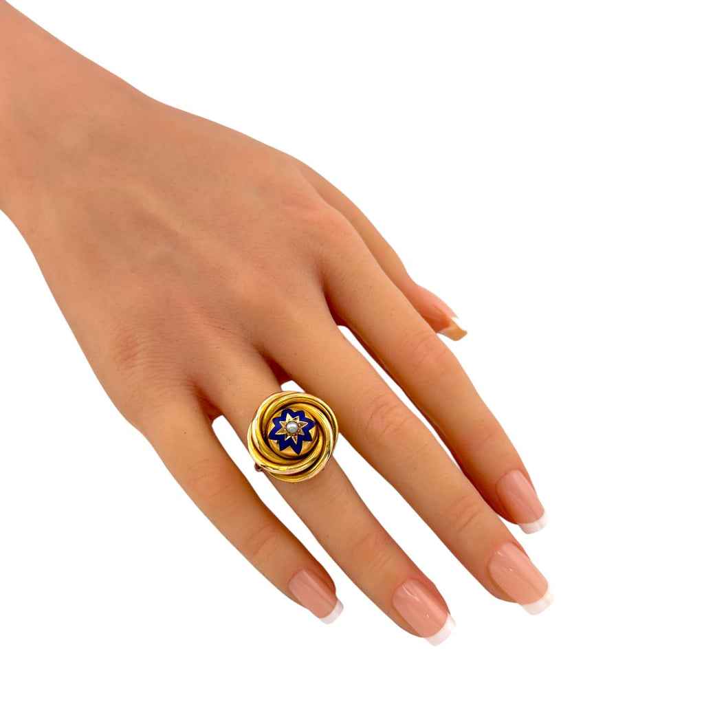 14K  Gold Blue Enamel Hidden Locket Compartment Ring