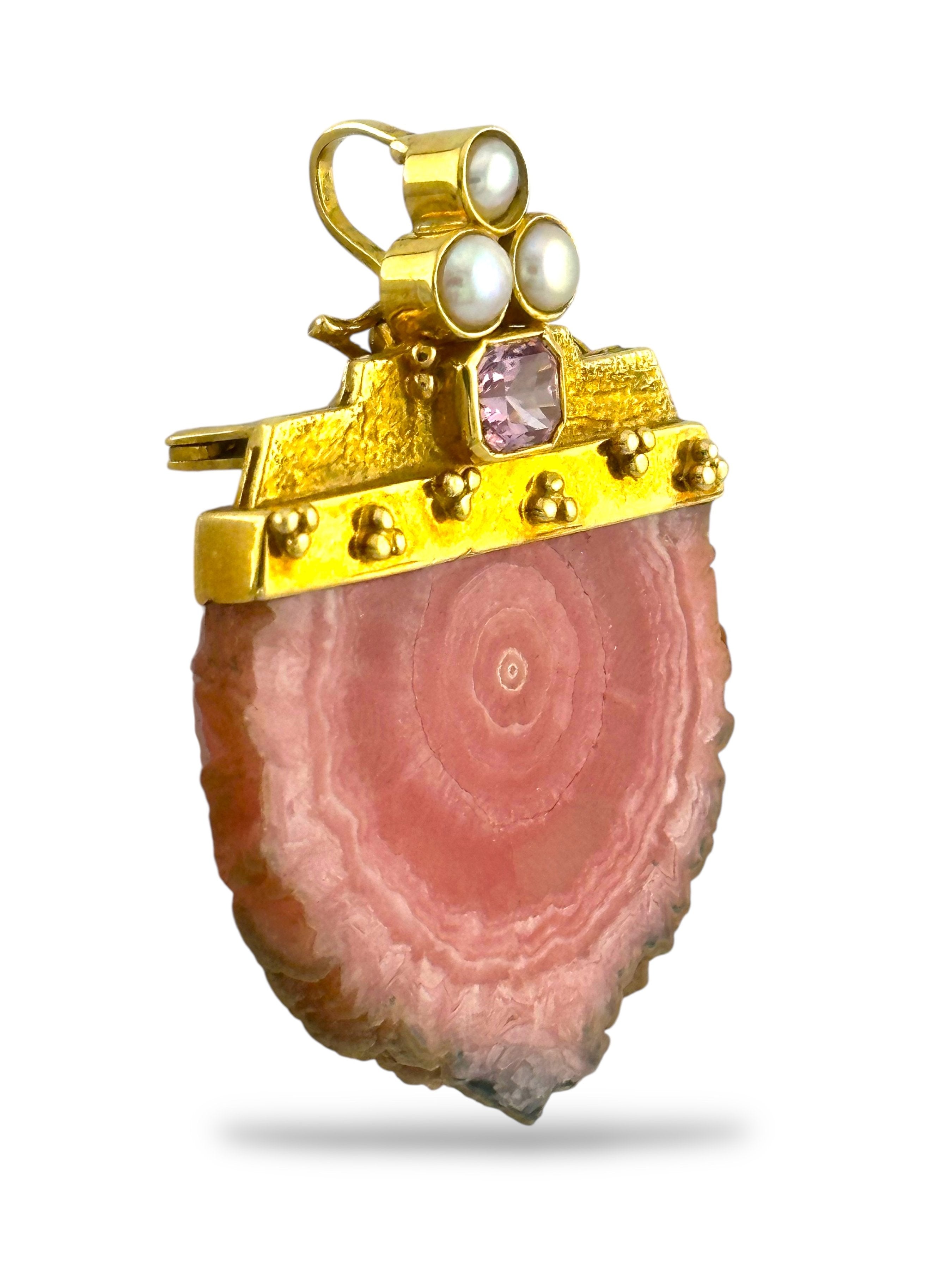 Brooch - 18 kt. Yellow gold, 18K Yellow Gold Brooch / Necklace  with 1.55Ct Kunzite, Rhodochrosite, and Pearls