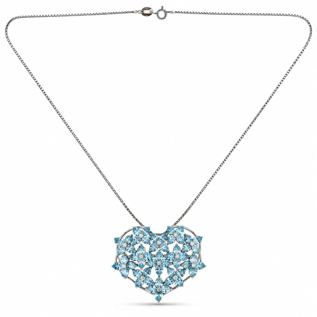 Heart pendant necklace with sky-blue gemstones and diamond accents, on chain