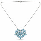 Heart pendant necklace with sky-blue gemstones and diamond accents, on chain
