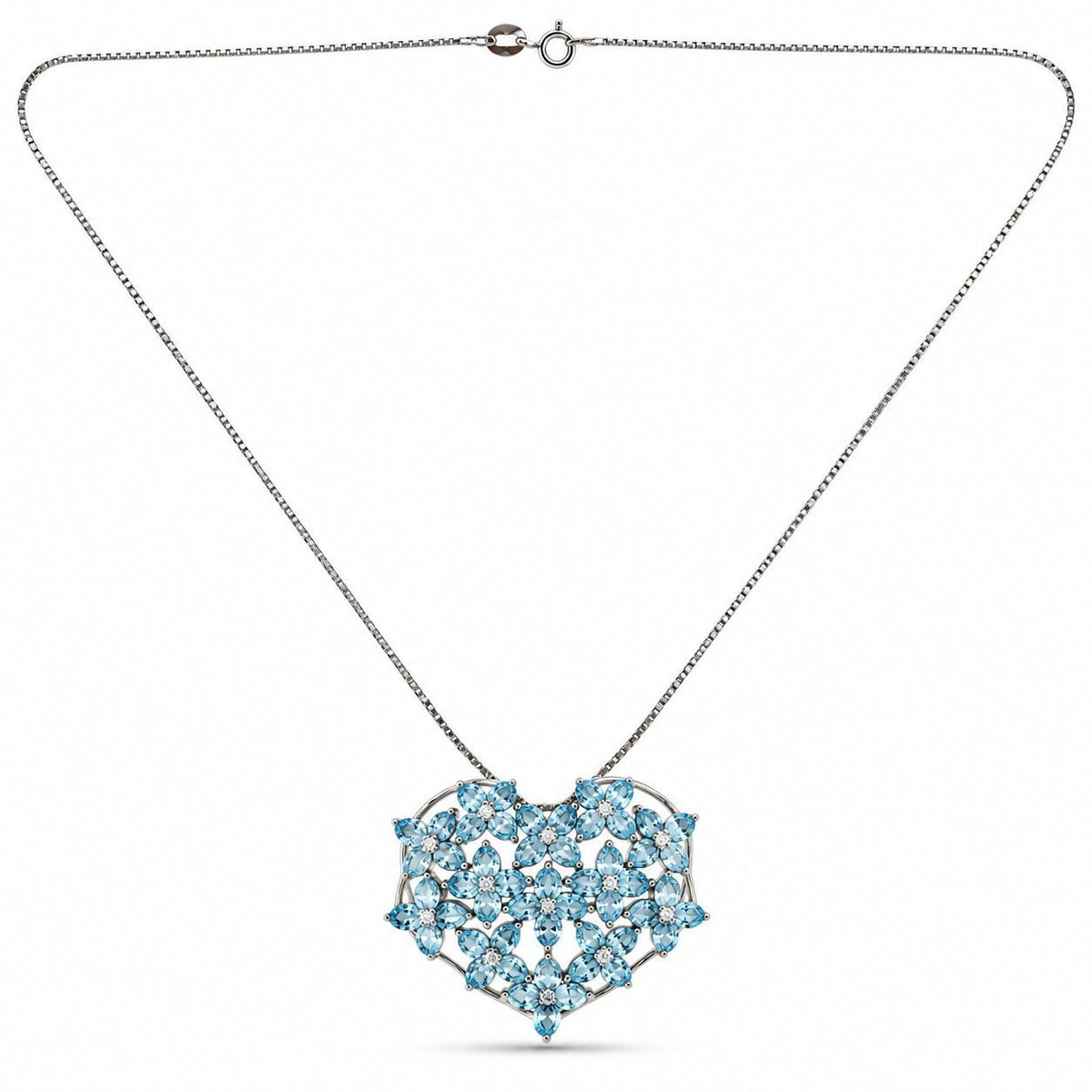 Heart pendant necklace with sky-blue gemstones and diamond accents, on chain