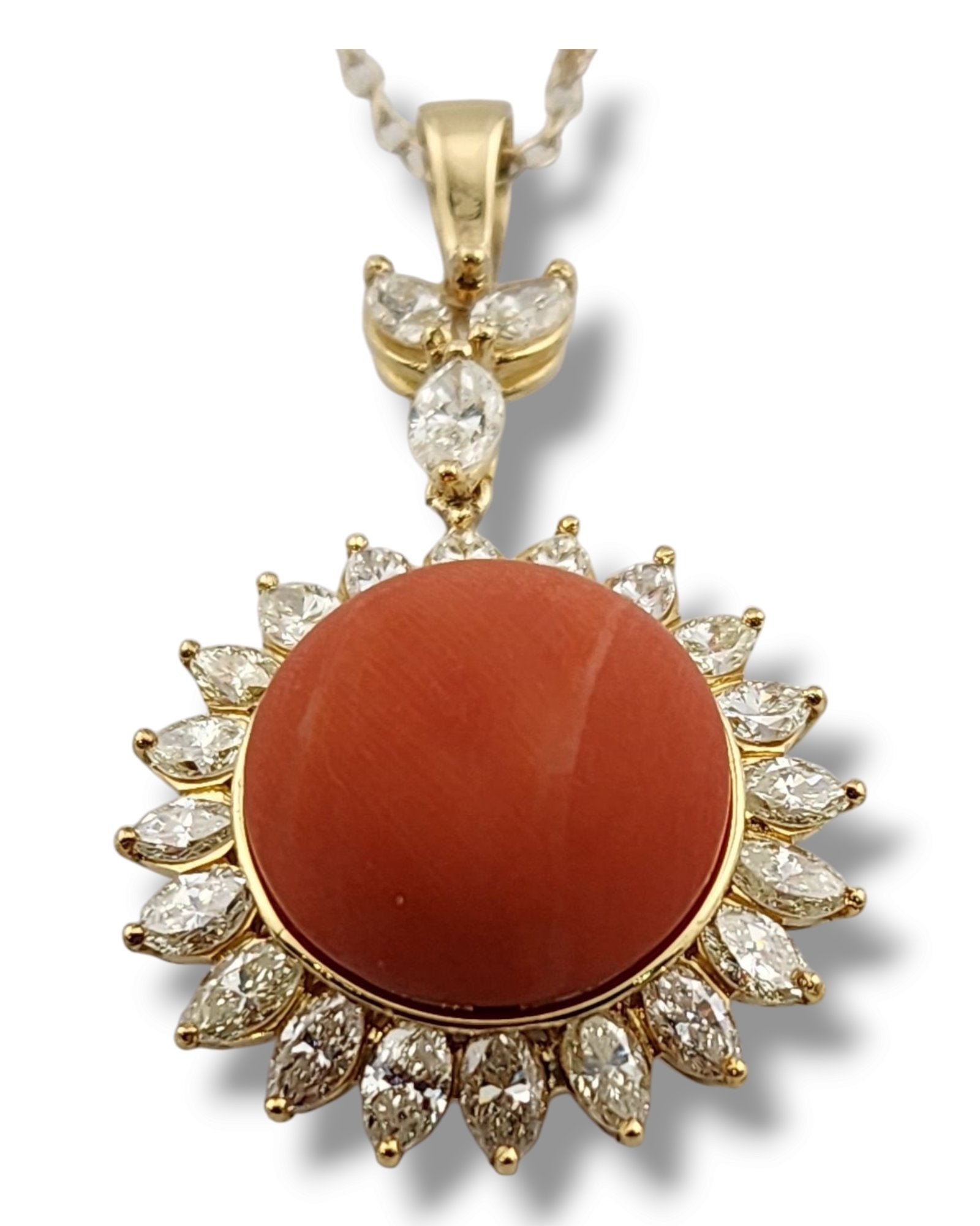Women’s 18K Gold Necklace with Large Coral and Marquise Cut Diamonds
