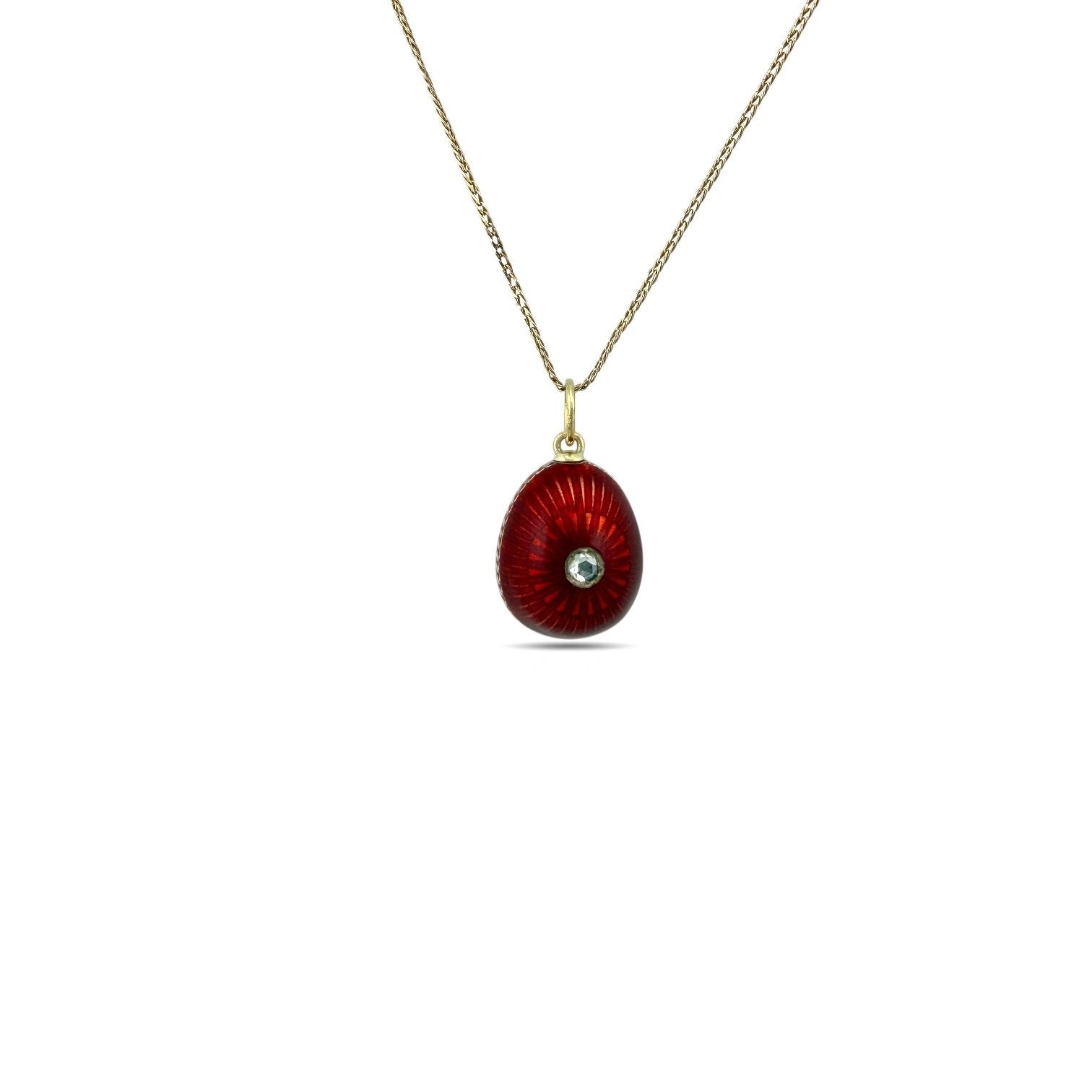 Antique Russian Faberge 56K Yellow Gold Red and White Enamel 0.2ct Diamond Egg Pendant