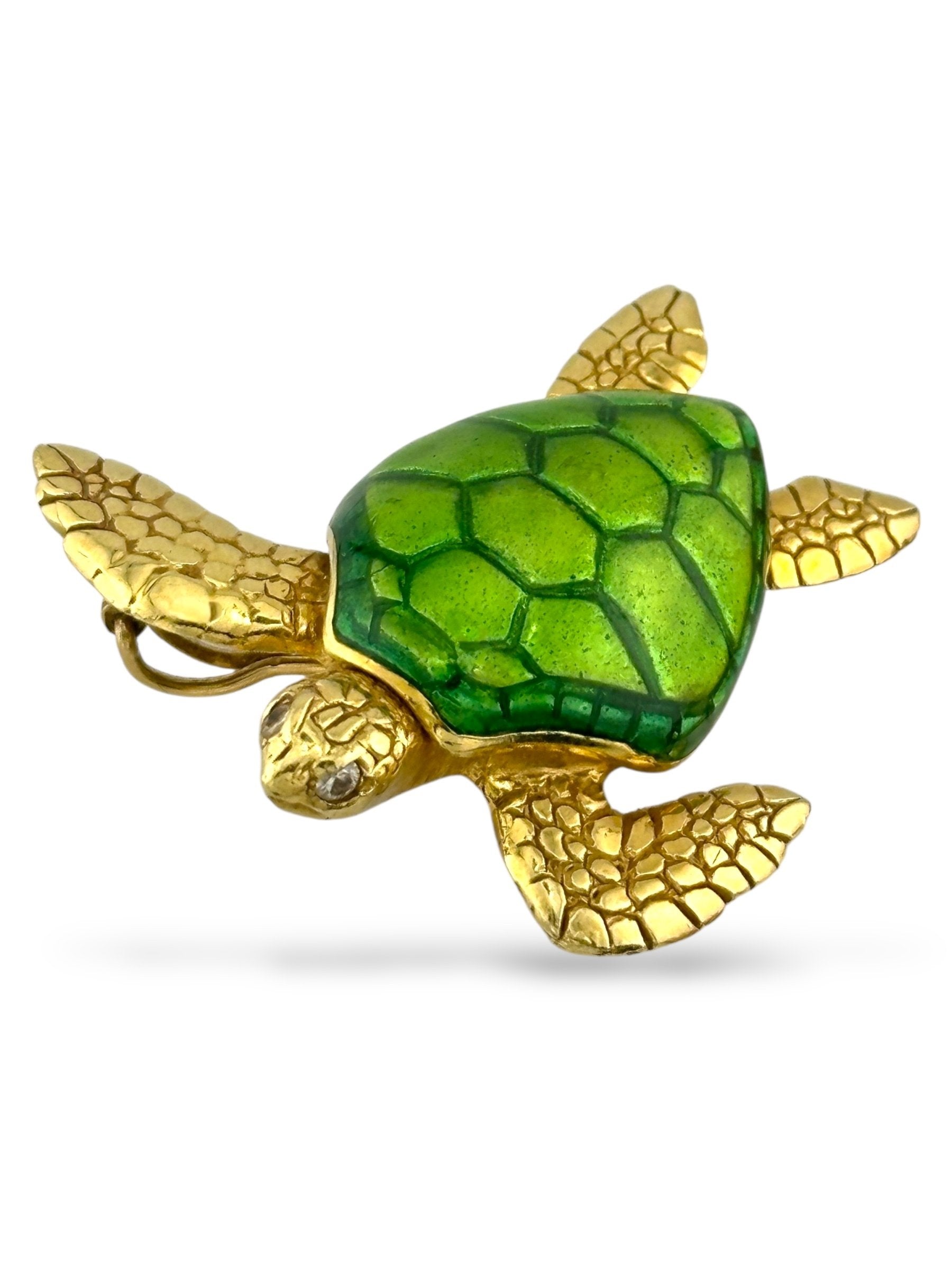 Brooch - 18 kt. Yellow gold, 18K Yellow Gold Turtle Brooch with Green Enamel Shell