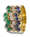 14K gold interlocking ring with emerald, sapphire, and diamond pavé stones