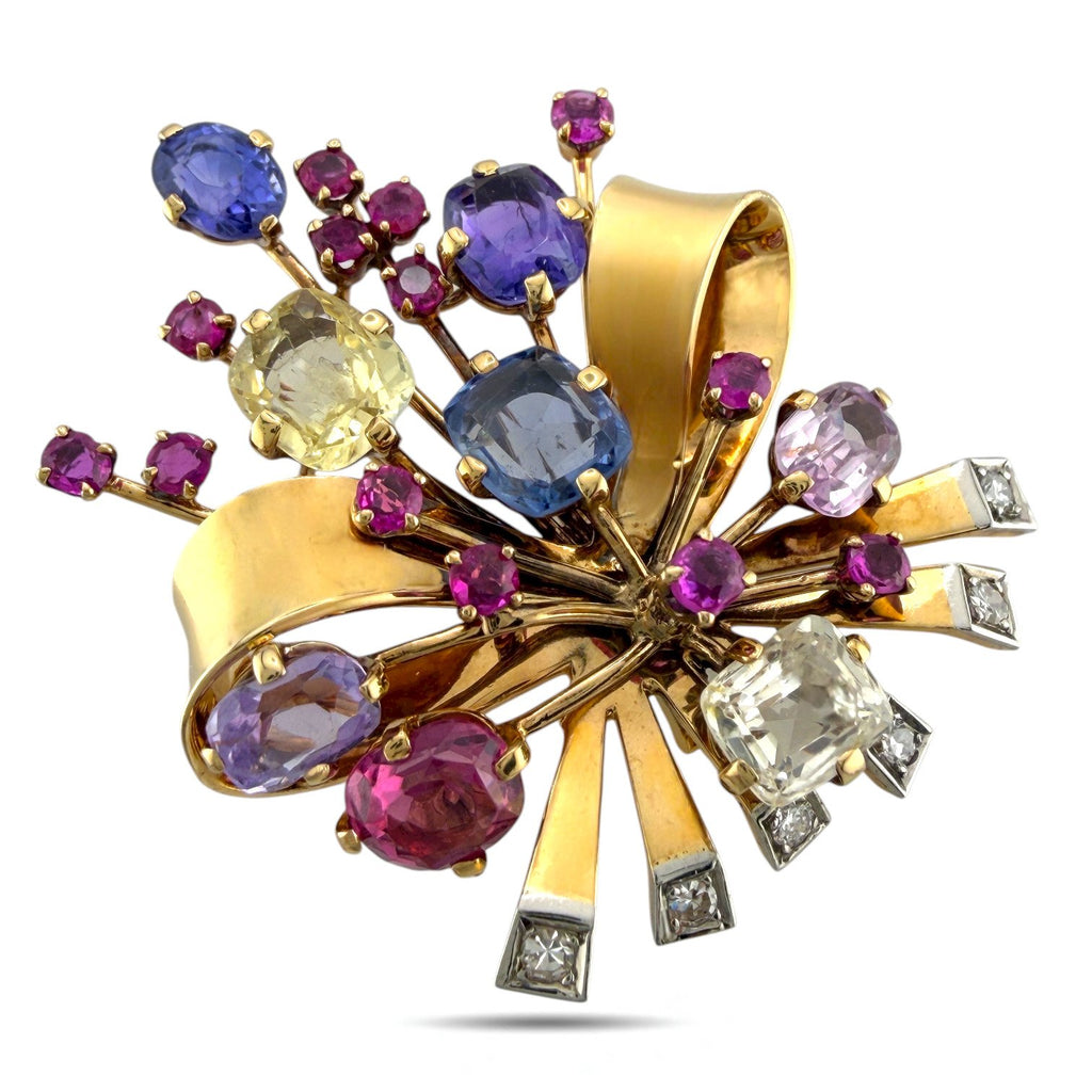 18K Gold and Platinum Brooch with Diamonds, Rubies, and Multicolor Sapphires