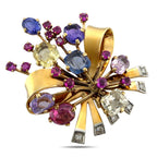 18K Gold and Platinum Brooch with Diamonds, Rubies, and Multicolor Sapphires