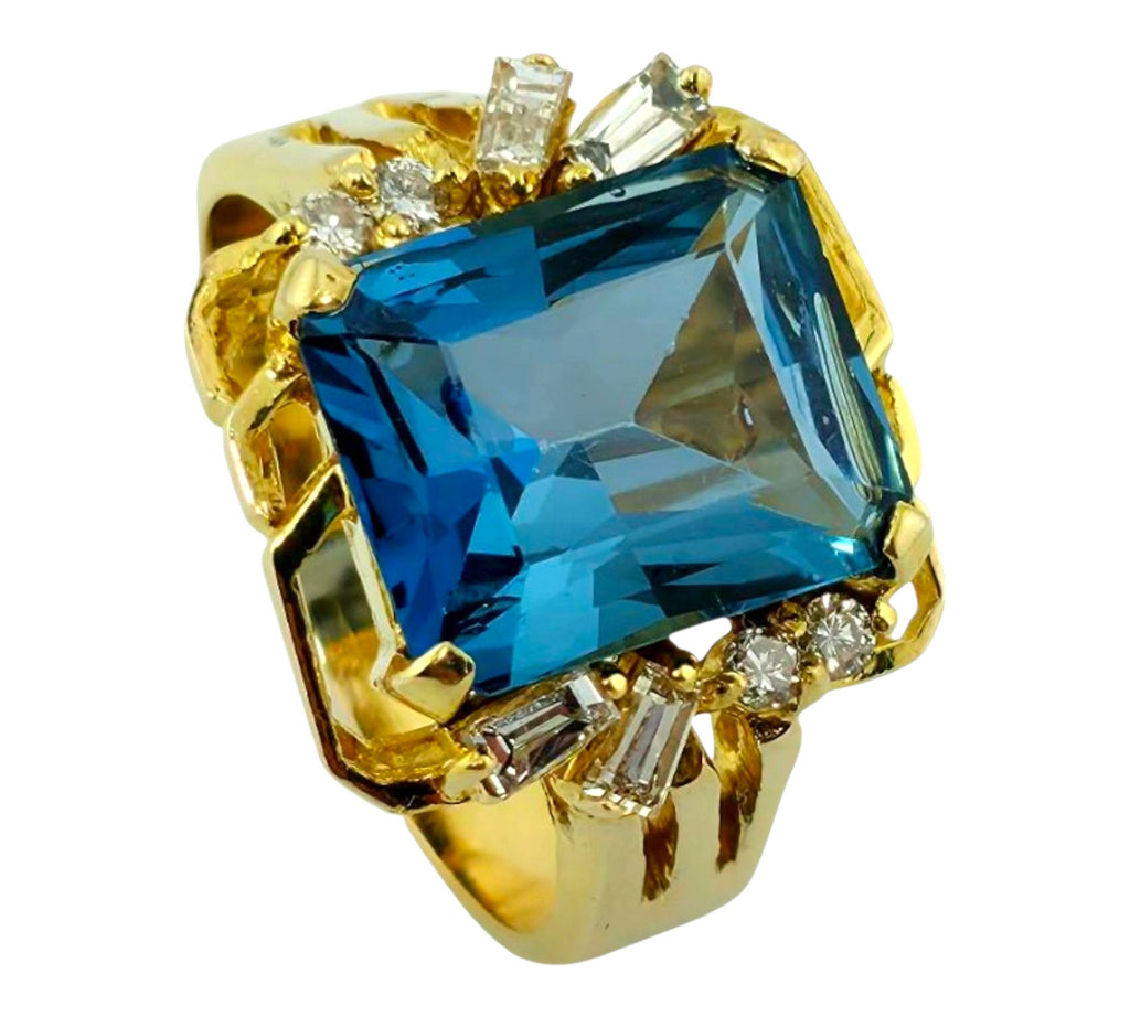 14K Yellow Gold Emerald Cut Blue Topaz with 0.44ct Halo Diamond Cocktail Ring