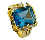 14K Yellow Gold Emerald Cut Blue Topaz with 0.44ct Halo Diamond Cocktail Ring