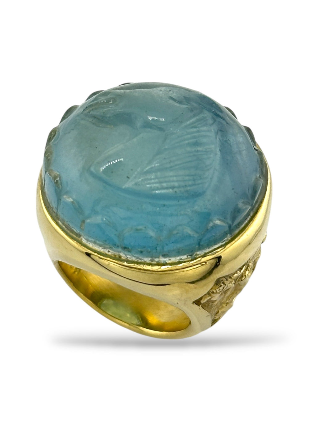 18K Gold Ring with Large Light Blue Horse Engraved Aquamarine