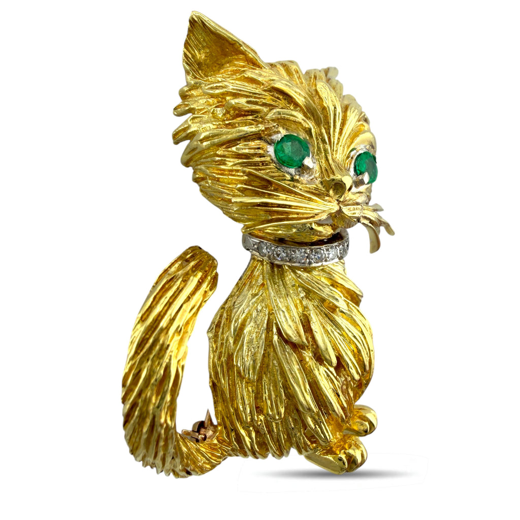 18K Yellow Gold Diamond and Emerald Cat Brooch