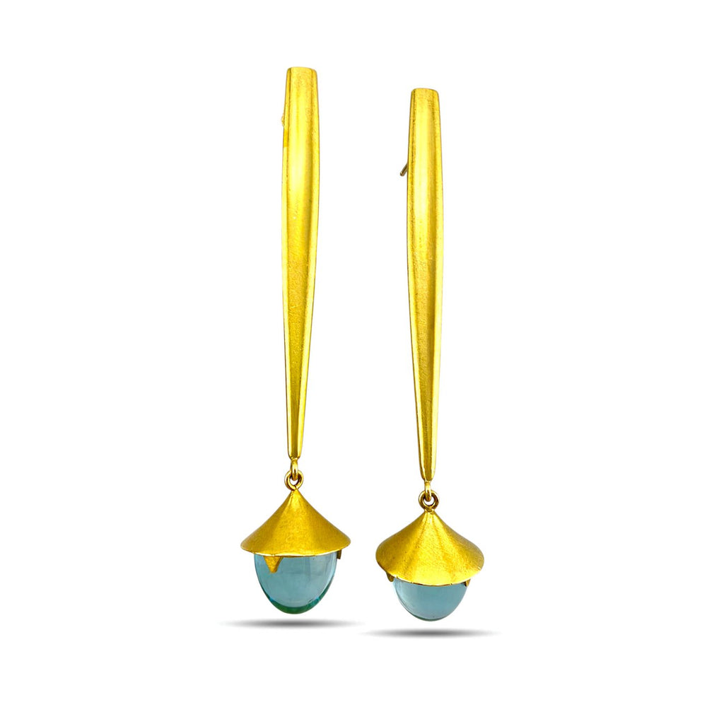 18K yellow gold dangle earrings with blue teardrop gemstones and flared caps