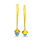 18K yellow gold dangle earrings with blue teardrop gemstones and flared caps
