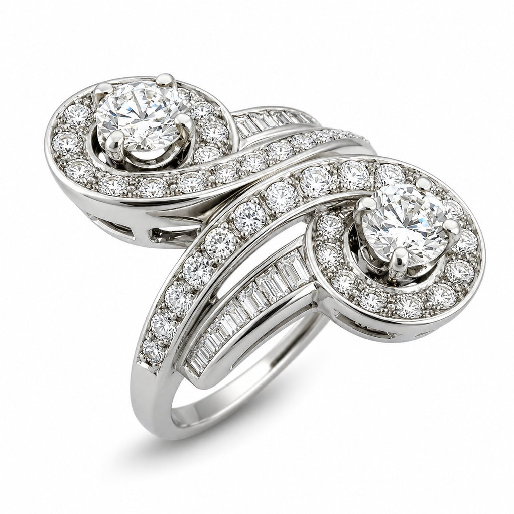 18K white gold diamond bypass ring with two round halo stones
