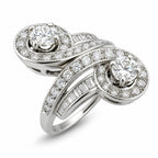 18K white gold diamond bypass ring with two round halo stones