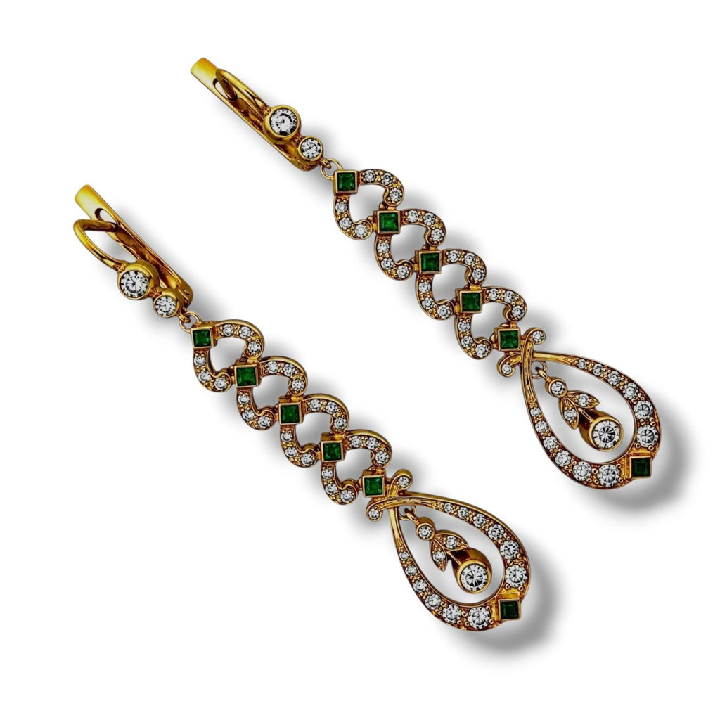14K Rose and Yellow Gold Imperial Russian Emerald and Diamond Dangle Earrings