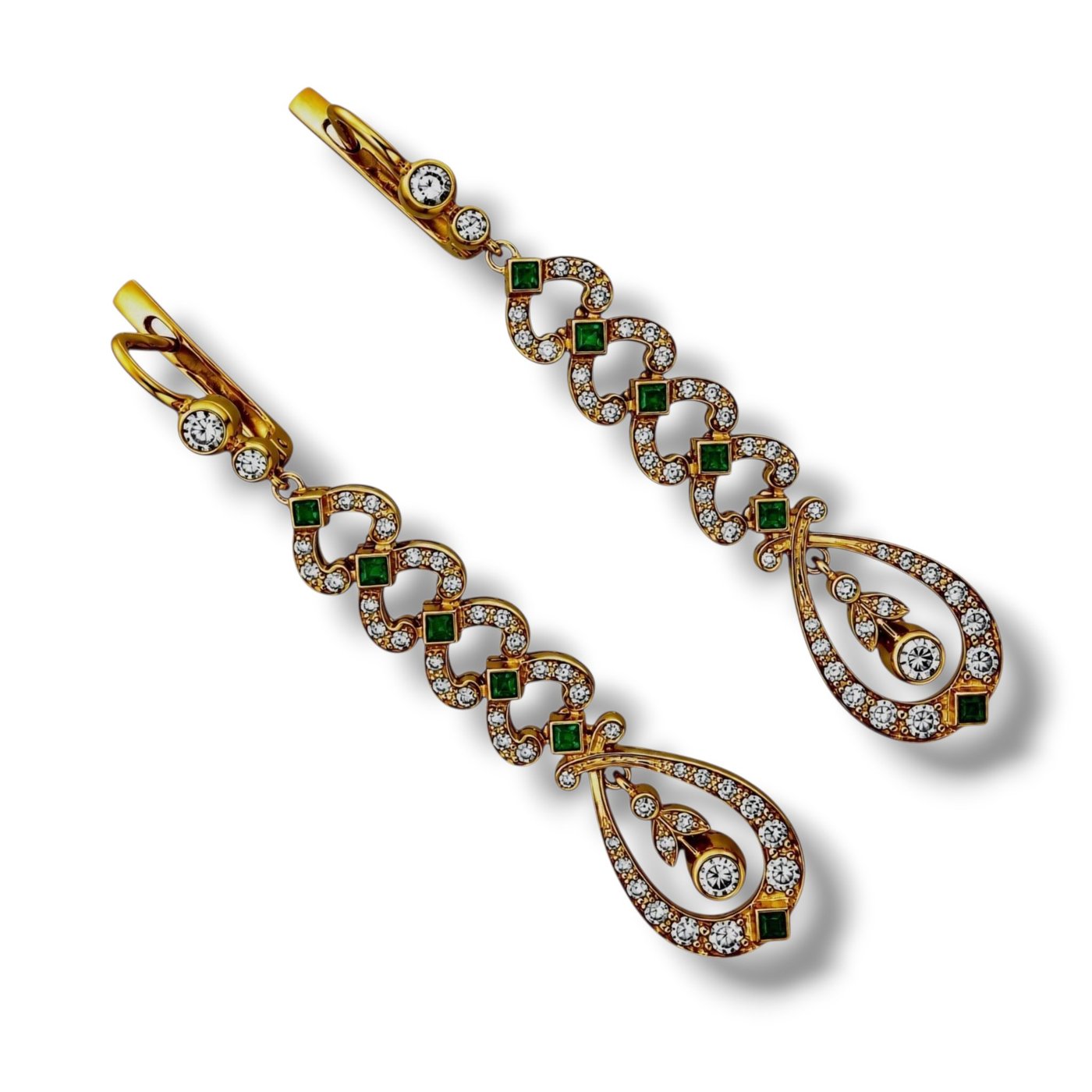 14K Rose and Yellow Gold Imperial Russian Emerald and Diamond Dangle Earrings