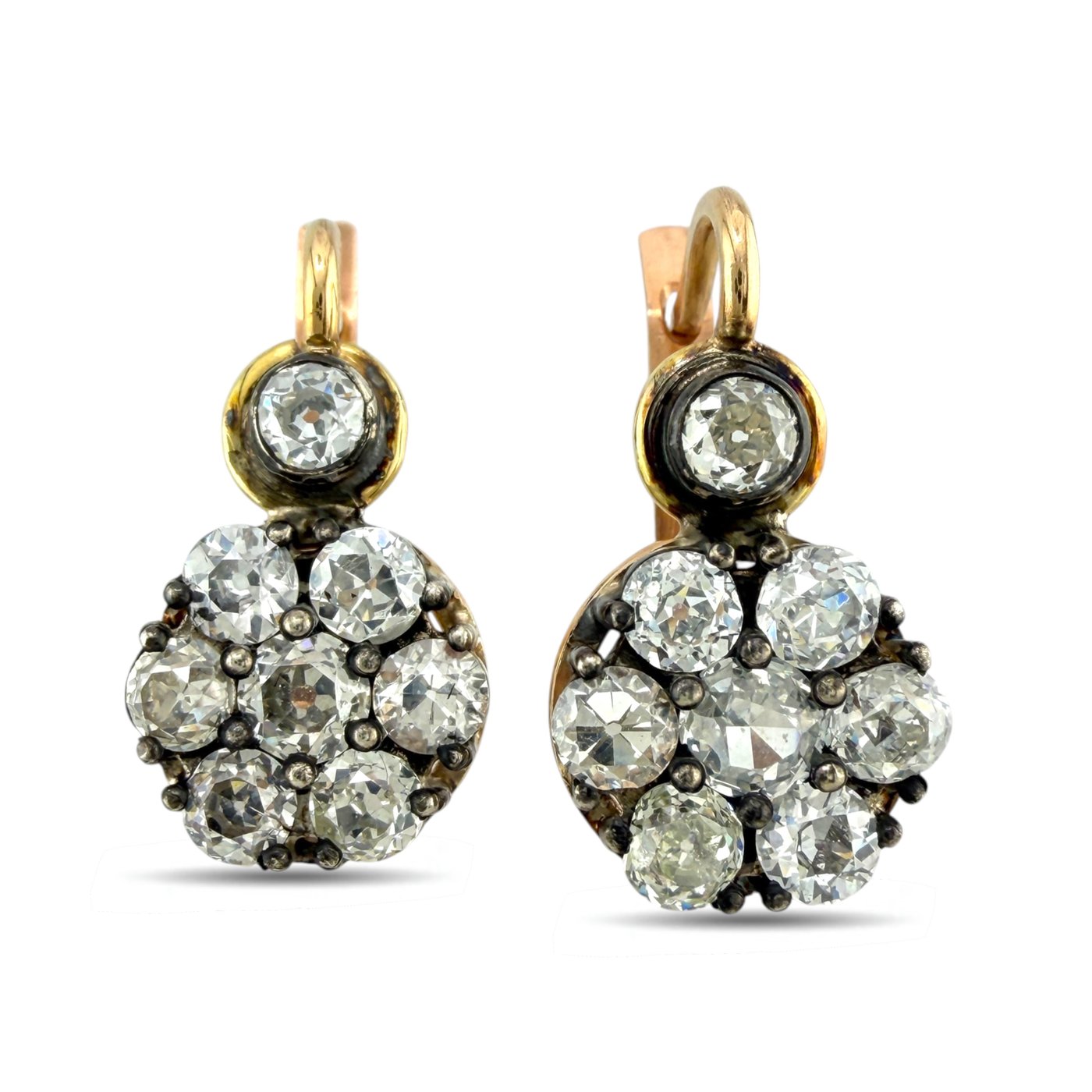 Rose gold diamond cluster drop earrings, round stones in blackened prongs.