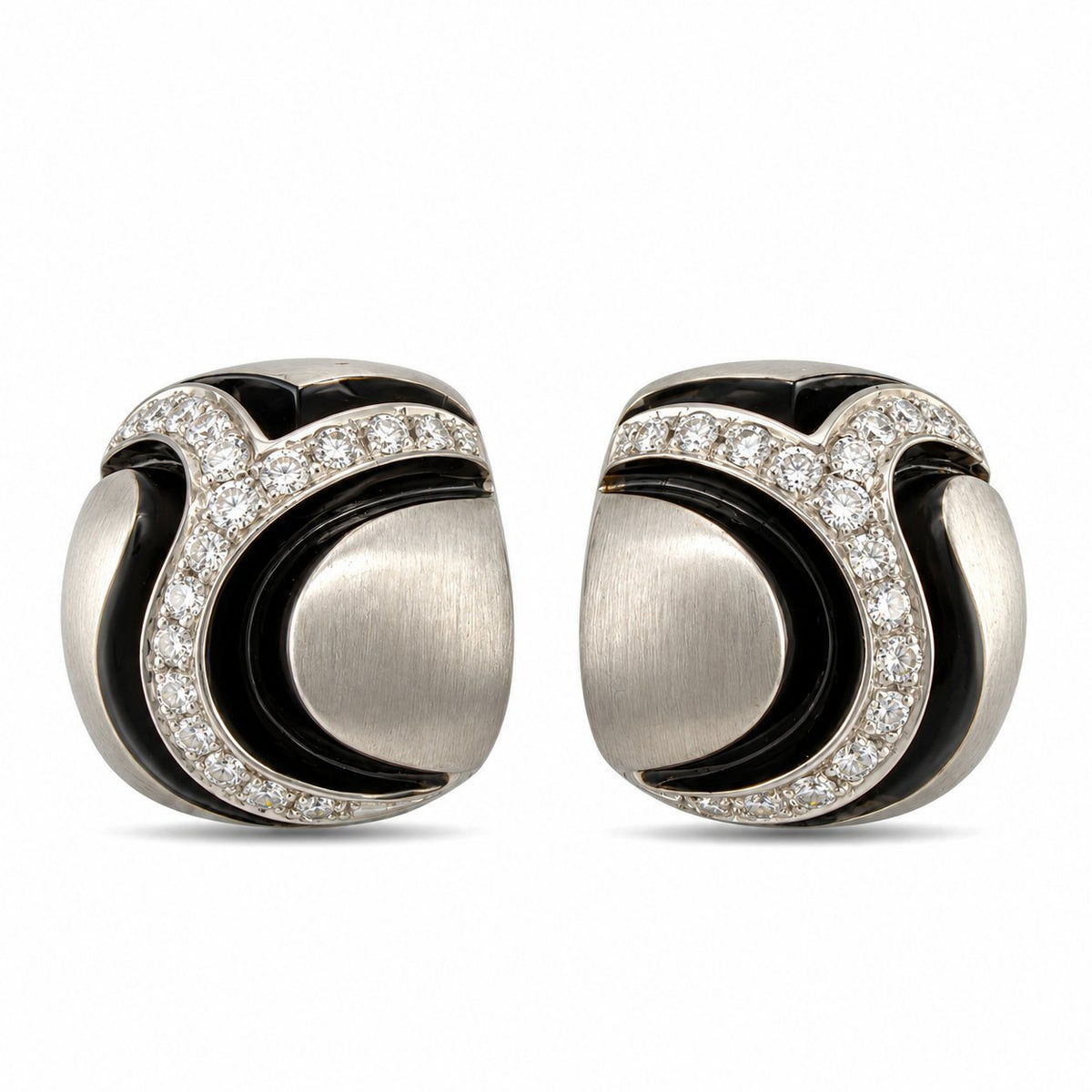 Pair of sculpted 18K white gold earrings with curved diamond-set bands