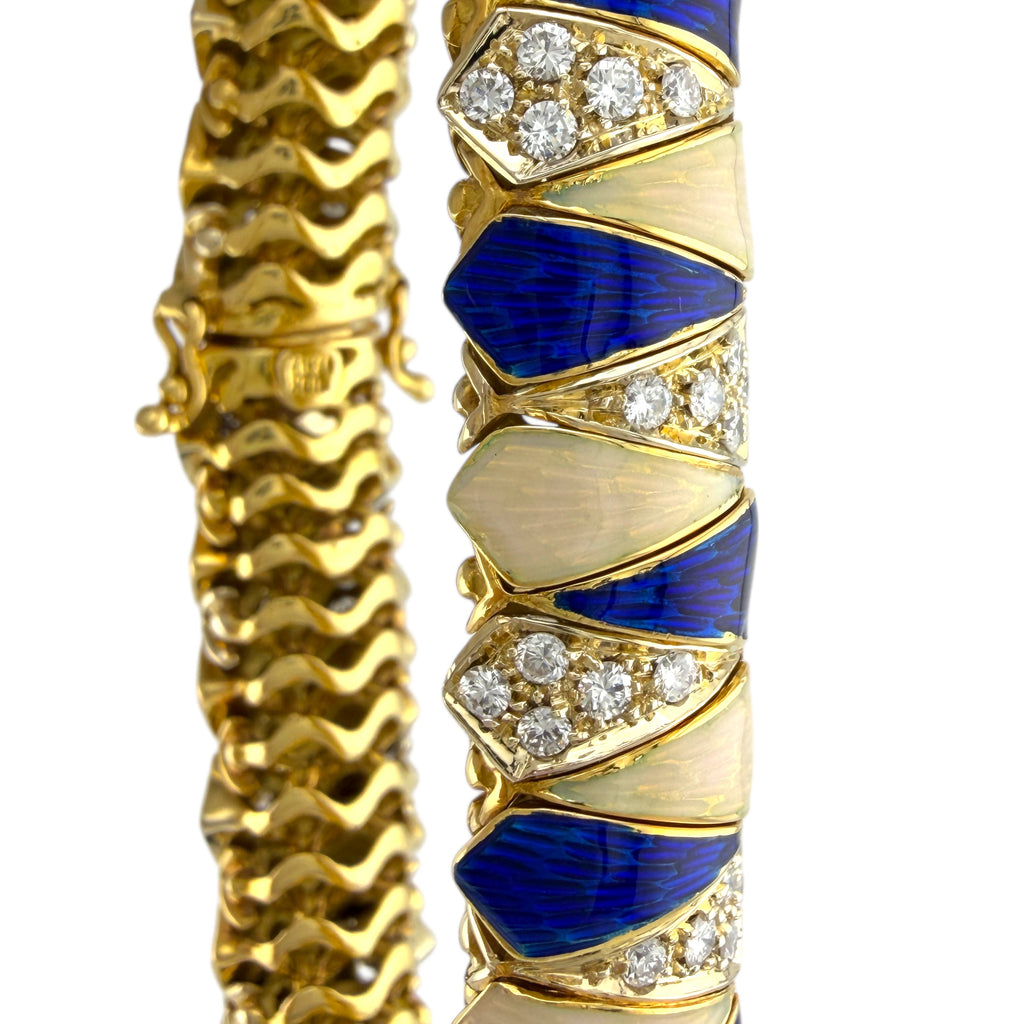 Italian 18K Yellow Gold 2.7ct Diamond, Blue and Tan Enameled Bracelet