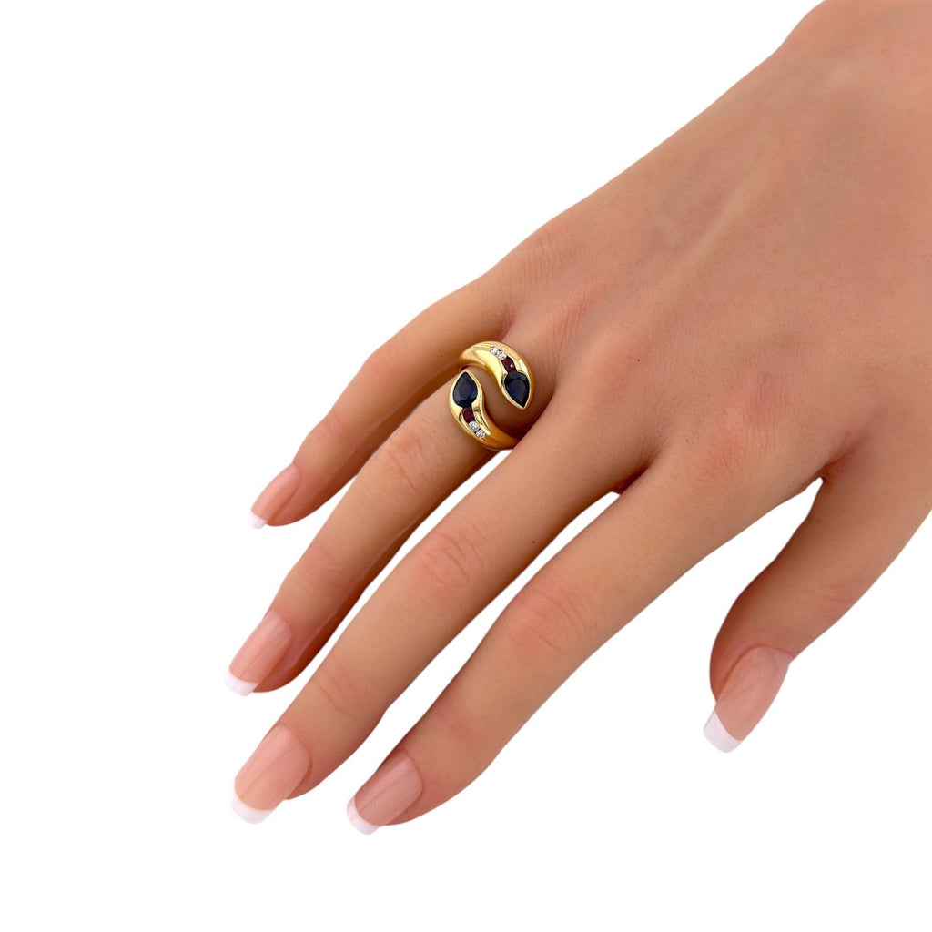 18K Yellow Gold 1.30ct Sapphire Ruby and Diamond Bypass Ring