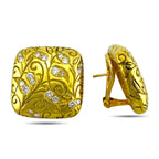 Yellow gold square stud earrings, side angle, with engraved scrollwork and diamond accents
