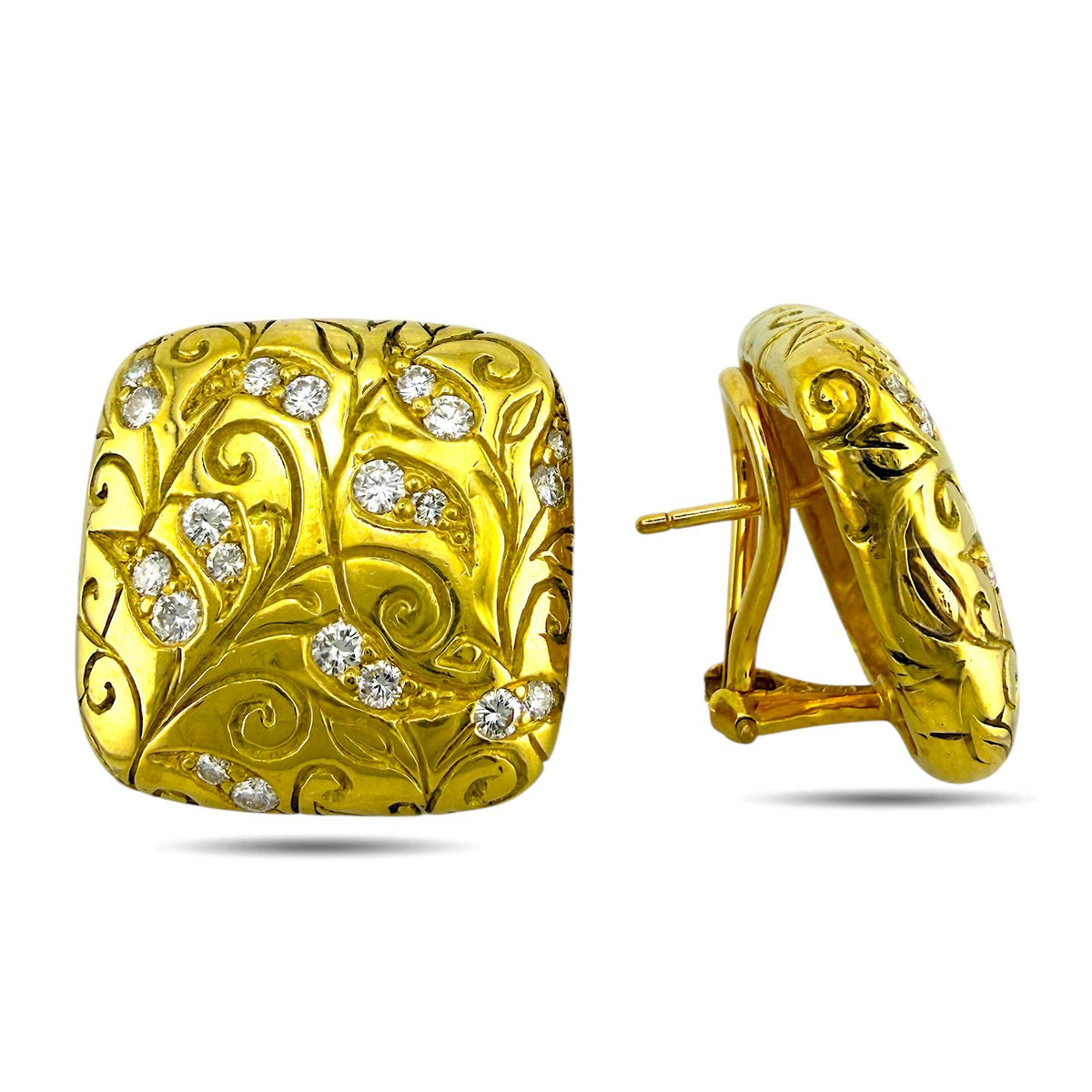 Yellow gold square stud earrings, side angle, with engraved scrollwork and diamond accents